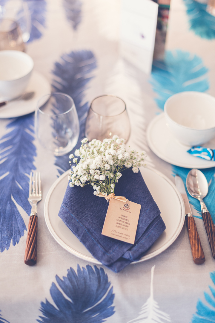 alquiler plumas azul y gris con cuatro combinaciones de servilletas 100% lino: servilleta gris, servilleta azul, servilleta turquesa y servilleta blanca